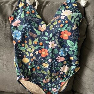 Rifle Paper Co. Navy Floral One-Piece Swimsuit with Multicolor Flowers